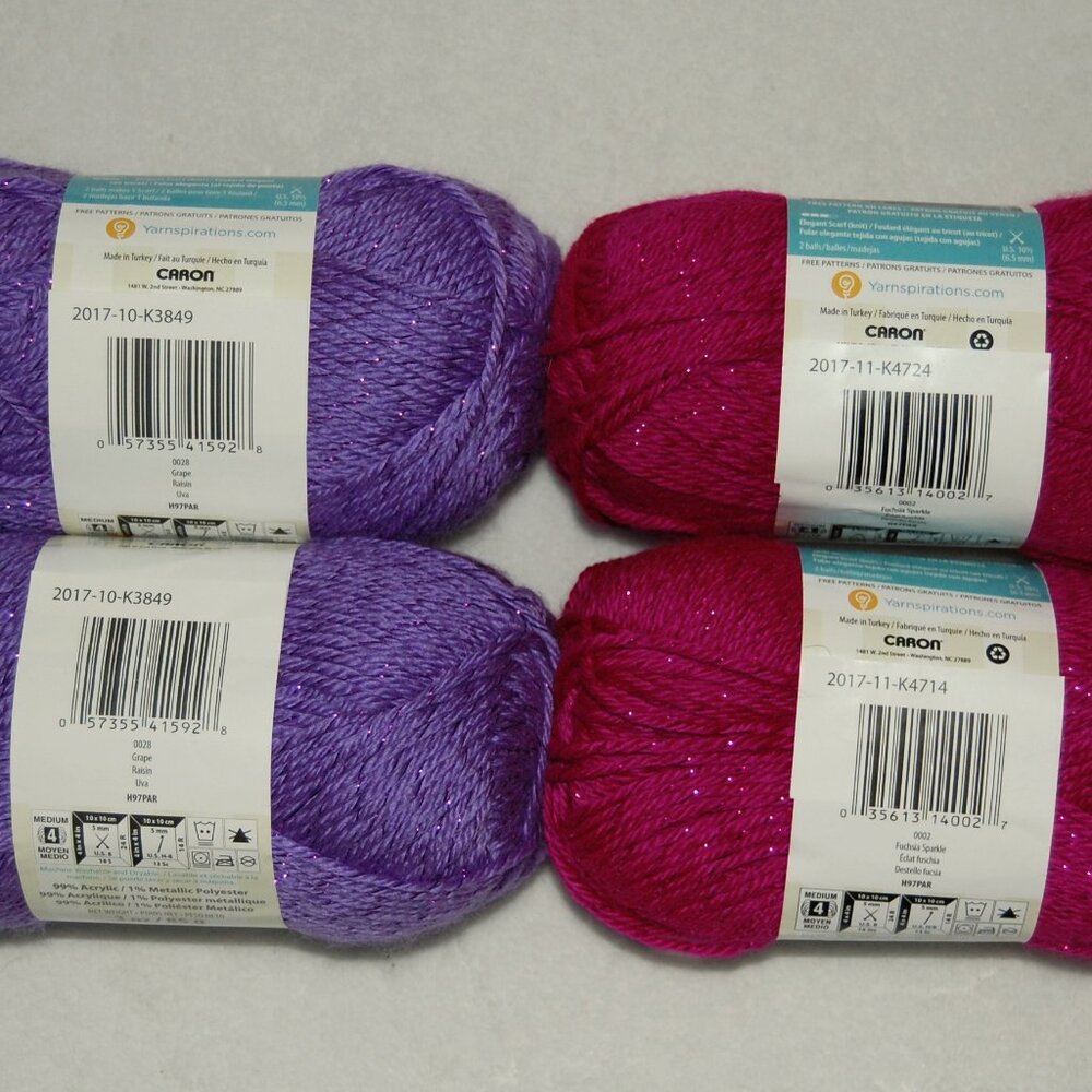 Mix Lot of 4 (Grape & Fuchsia Sparkle), Caron Simply Soft Party Yarn, #4 Worsted